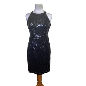 💋 CALVIN KLEIN - BLACK SEQUIN ALL OVER BODY CON HALTER COCKTAIL DRESS - SZ 4